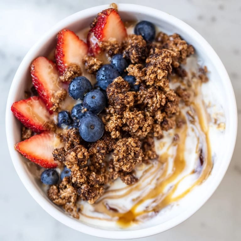 Enjoy a close-up of this delicious overnight oats gourmet makeover, perfect for breakfast.