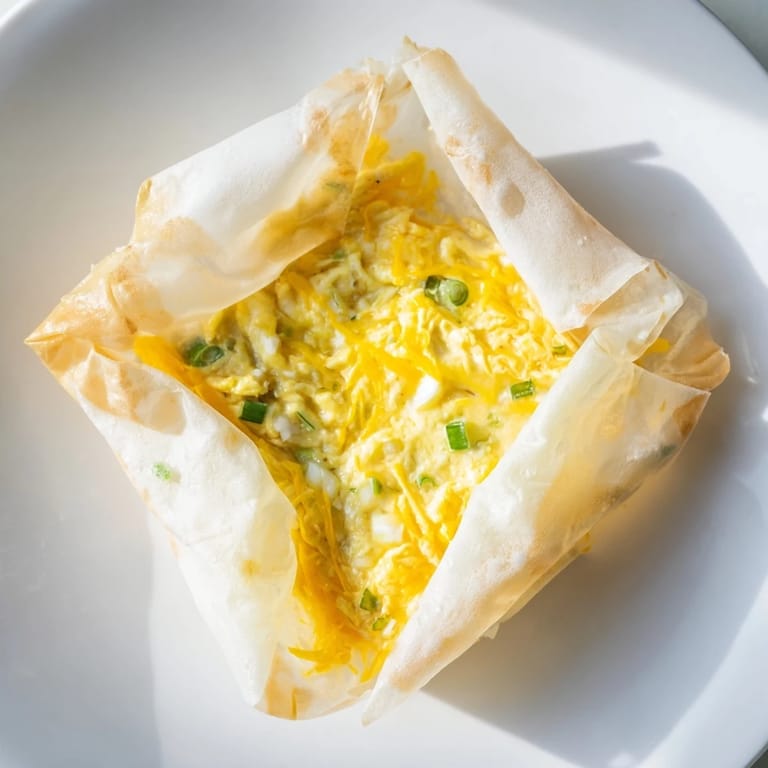 Freshly cooked Rice Paper Egg & Cheese Fold with oozing cheese, a quick and easy breakfast idea, ready to eat.