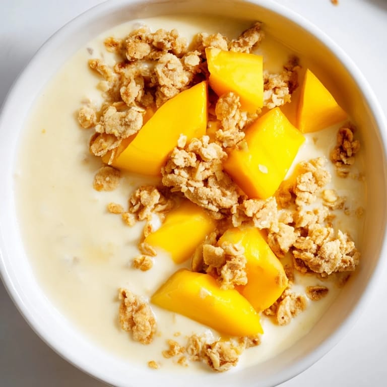 Cool, refreshing bowl of mango blended overnight oats, showcasing the bright, tropical flavors in a creamy treat.