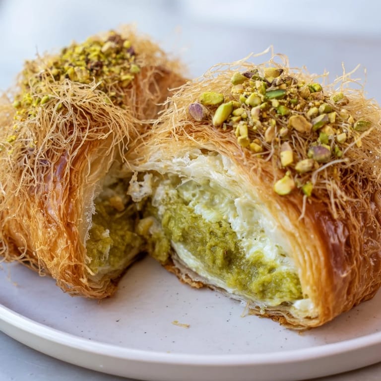 This image shows delicious Pistachio Cream Croissants, a perfect French pastry for any brunch table.