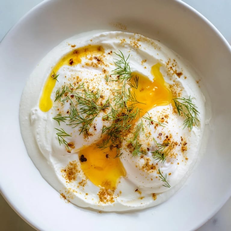 Creamy yogurt base topped with poached Cilbir eggs, finished with vibrant red Aleppo pepper.