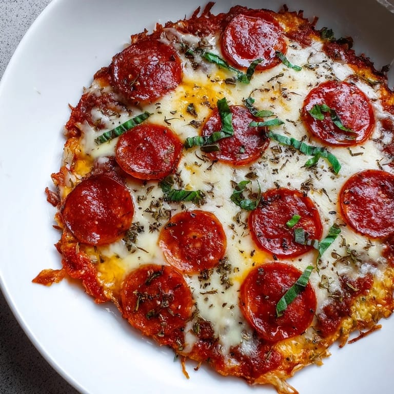 A crustless Meat Pizza Pepperoni Stack showing a close-up of melted cheese and spicy pepperoni after baking.