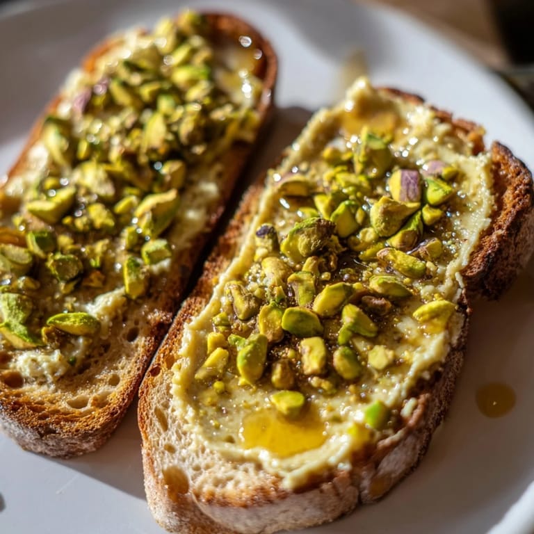 Close-up of toasted bread slathered with pistachio butter, ready for this quick Pistachio Butter Toast.