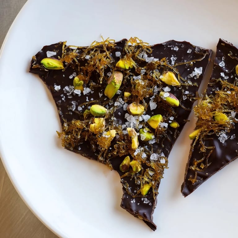 Indulgent Kataifi Chocolate Crunch Bark, speckled with pistachios, ready for a sweet bite.