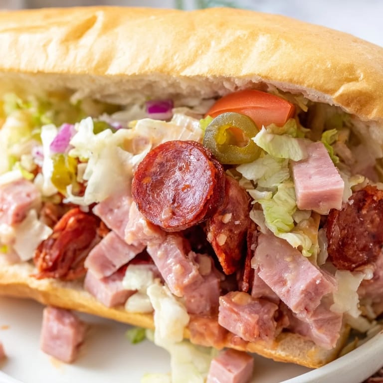 Freshly assembled chopped Italian grinder sandwich filled with colorful meats, veggies, and melted provolone on a toasted roll.