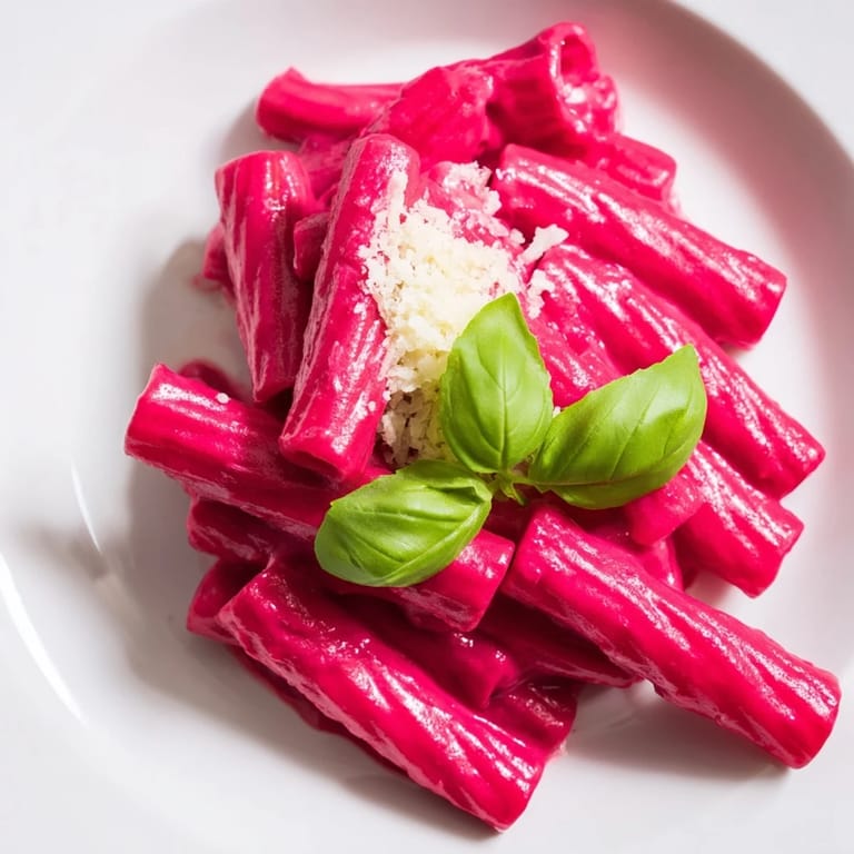 Vibrant Pink Pasta with Beet Cream in a bowl, garnished with basil leaves and extra Parmesan cheese.