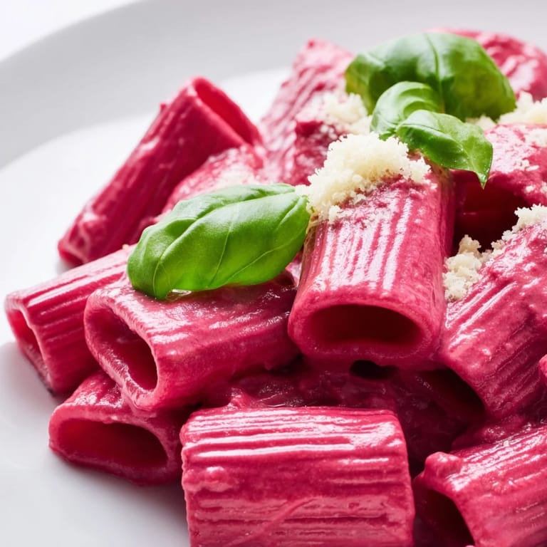 Spoon lifting silky Pink Pasta with Beet Cream sauce, showcasing its rich texture and garnish.