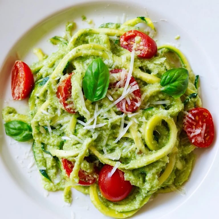 Top-down view of Avocado Pesto Zoodles, showing vibrant green noodles, creamy sauce, and juicy cherry tomatoes on a rustic wooden table.