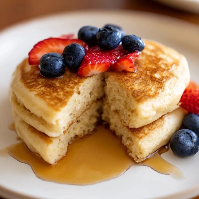 Golden-brown Cottage Cheese Pancakes sizzling in a buttered skillet, ready to serve with Greek yogurt and sliced bananas.