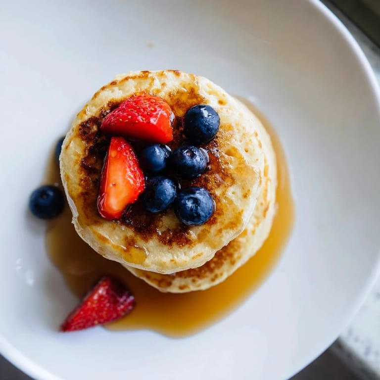 A close-up of wholesome Cottage Cheese Pancakes, showing their tender, cake-like texture on a rustic plate with syrup.