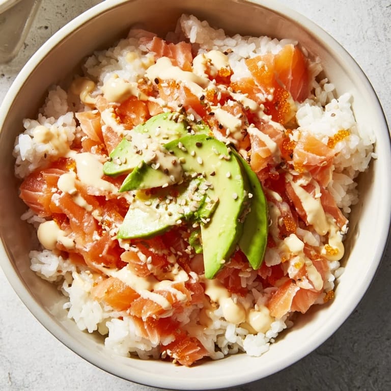 A close-up of the viral Emily Mariko Salmon Rice Bowl shows a colorful mix of salmon, rice, avocado, and sesame seeds, ready to eat.