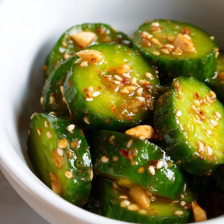 Tilted bowl showcases layered cucumbers with garlic and sesame seeds, a perfect no-cook Asian-inspired salad for summer barbecues or weeknight dinners.