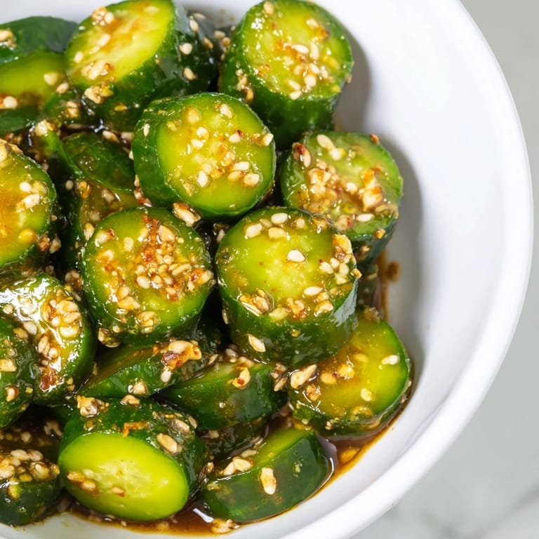 Freshly shaken cucumbers coated in a glossy sesame soy dressing with red chili flakes offer a bold, crunchy, and savory vegan appetizer.  