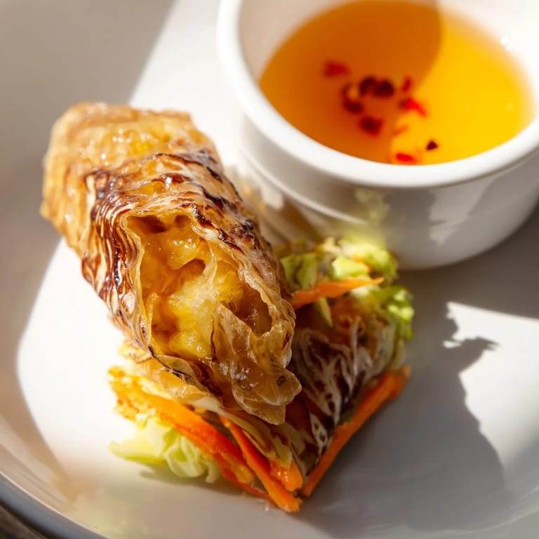 Stack of golden-brown crispy rice paper dumplings with a side of ginger-sesame dipping sauce, garnished with fresh herbs.