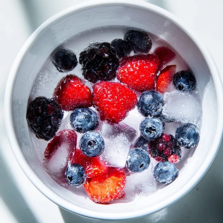 Juicy raspberries and blackberries float in crystal-clear coconut water with ice, forming a vibrant, hydrating Nature’s Cereal Bowl.