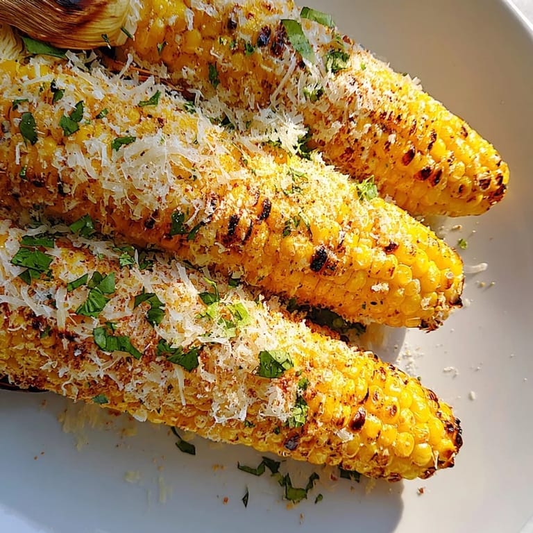 Fresh corn ribs with spices and melted cheese, garnished with cilantro and lime for a zesty snack.