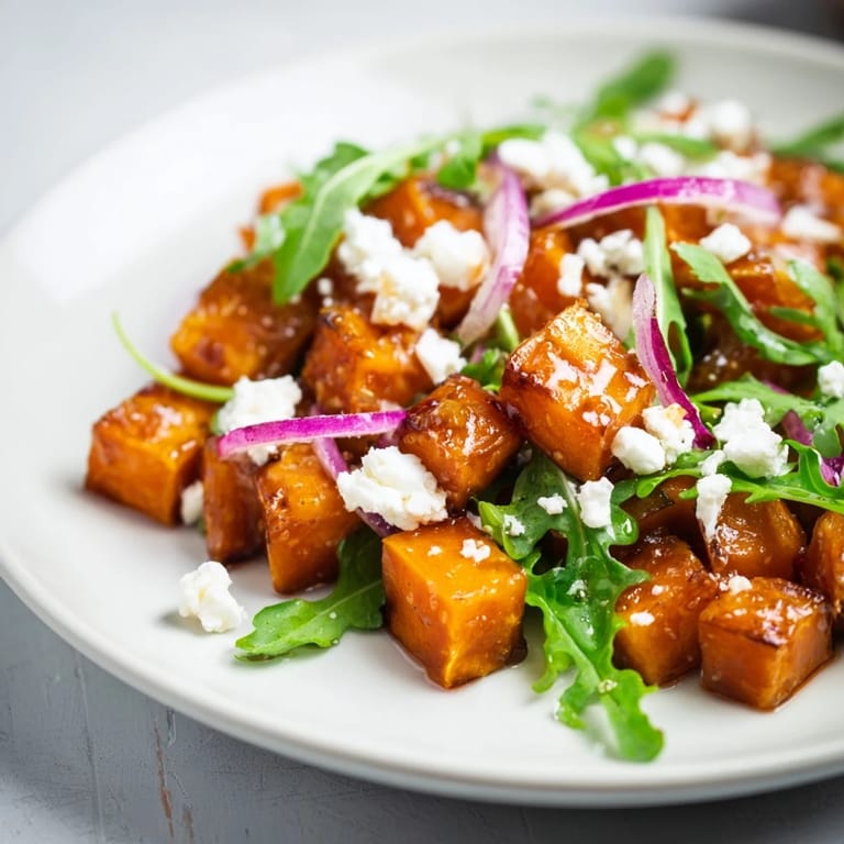 Roasted Sweet Potato Salad showcases warm sweet potatoes mixed with fresh arugula and tangy feta for a light lunch.