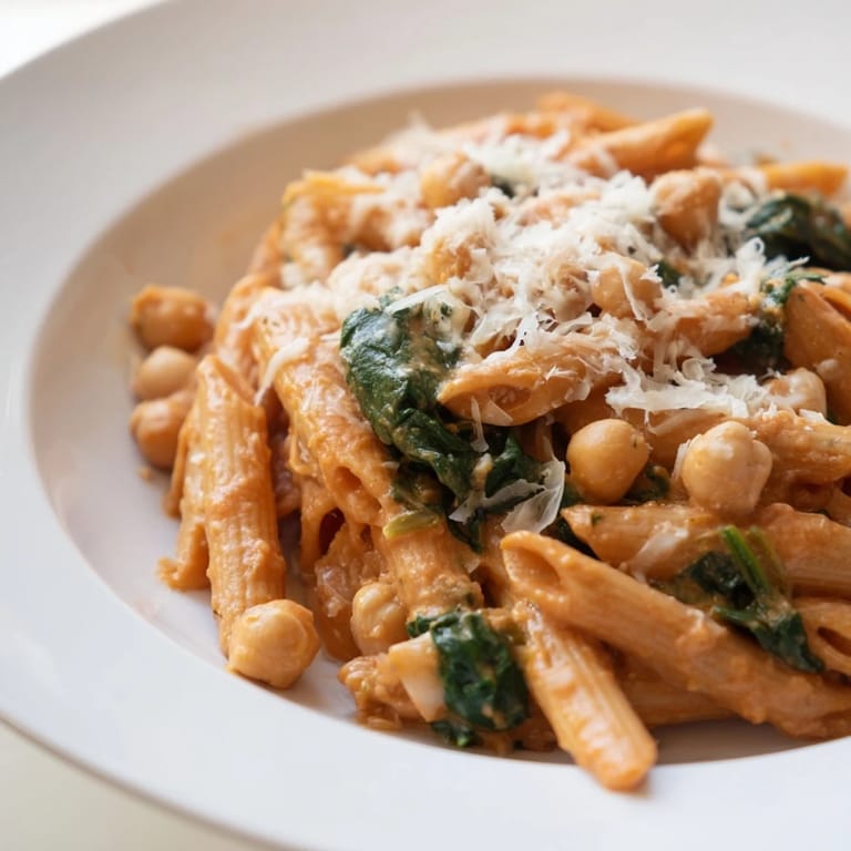Top view of Creamy Tuscan Chickpea Pasta in a skillet, showcasing the vibrant red sauce and tender chickpeas, ready to be served.