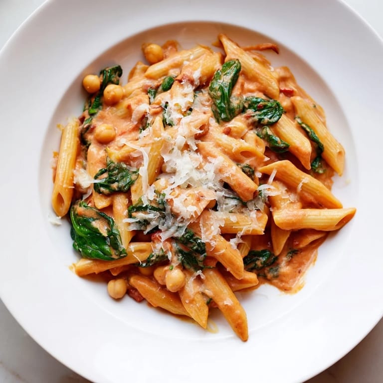 A close-up of Creamy Tuscan Chickpea Pasta, garnished with fresh basil and grated Parmesan, steaming on a rustic wooden table.  