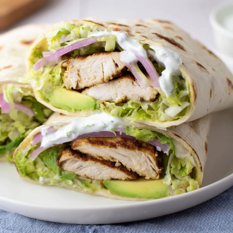 A close-up of a sliced smoky chipotle chicken wrap, revealing layers of juicy chicken, fresh tomato, and red onion inside a soft tortilla.  