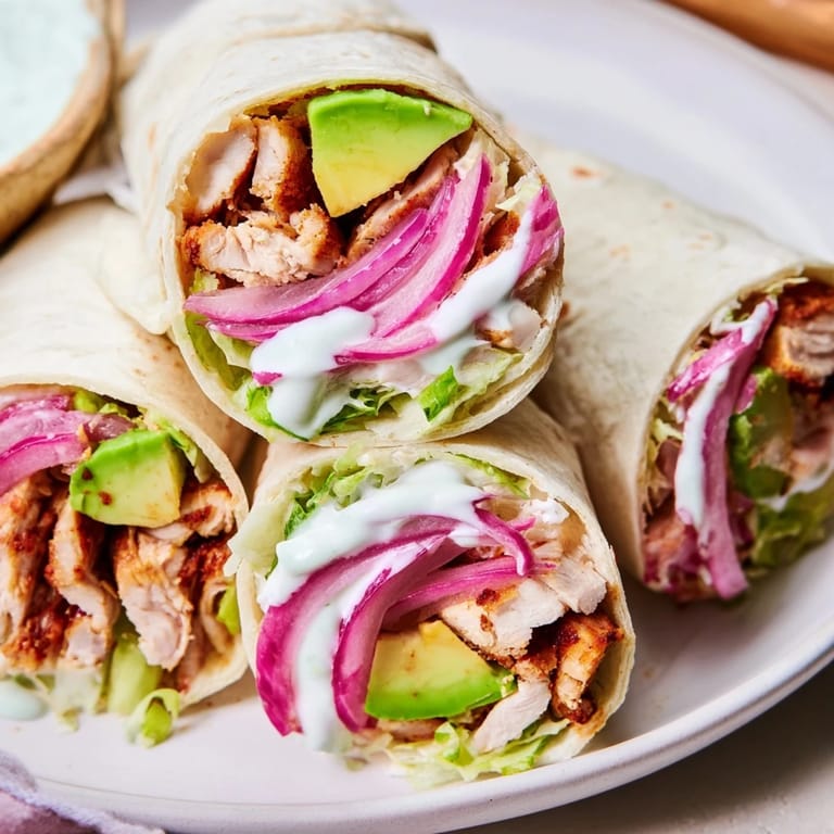 Freshly assembled smoky chipotle chicken wraps plated with lime wedges and a side of extra Greek yogurt sauce for dipping.