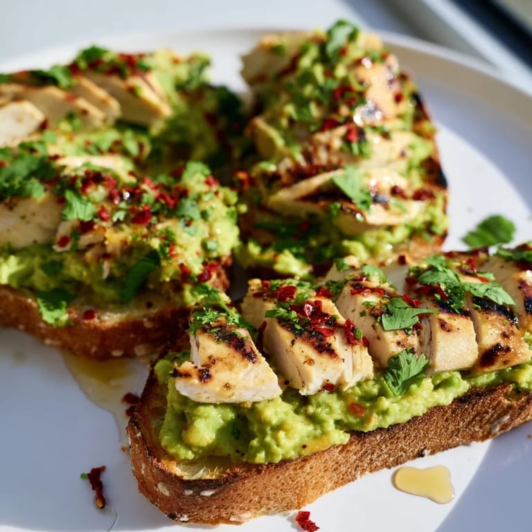 Hearty Smashed Avocado Chicken Toast features juicy chicken, lemony avocado, and warm chili flakes on multigrain bread.
