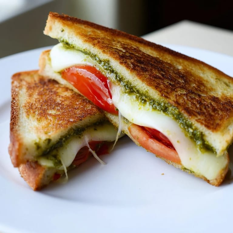 A close-up of the toasted Caprese Pesto Grilled Cheese reveals gooey cheese, vibrant tomato, and fresh basil pesto on sourdough.