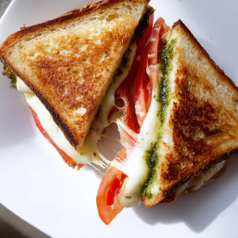 Serve the warm Caprese Pesto Grilled Cheese cut diagonally, with melted mozzarella and bright red tomato on a rustic cutting board.