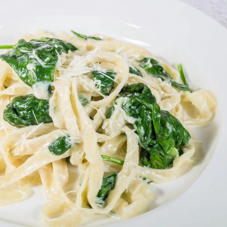 Close-up on Creamy Garlic Spinach Pasta showing wilted spinach and rich parmesan sauce coating every strand.