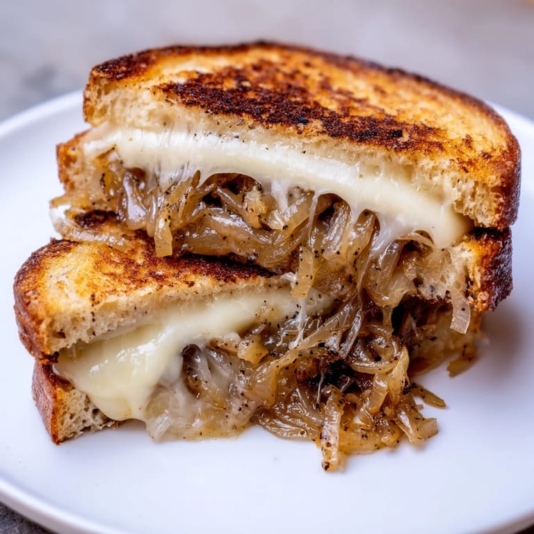 A warm, comforting Caramelized Onion Grilled Cheese sliced diagonally, revealing sweet onions and melted sharp white cheddar inside.