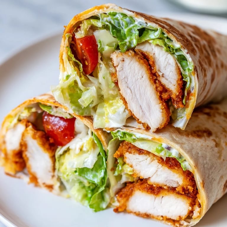 Sliced in half, the Hot Honey Chicken Caesar Wrap reveals layers of creamy salad and sticky-sweet heat for a handheld feast.