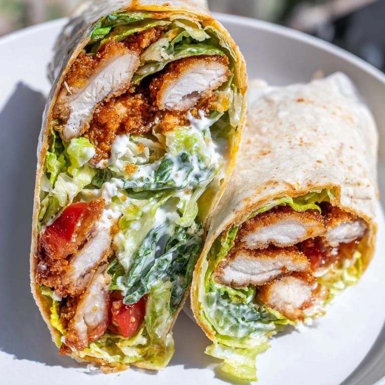 Crunchy croutons and fresh cherry tomatoes add texture and color to this hearty Hot Honey Chicken Caesar Wrap, ready for lunch.