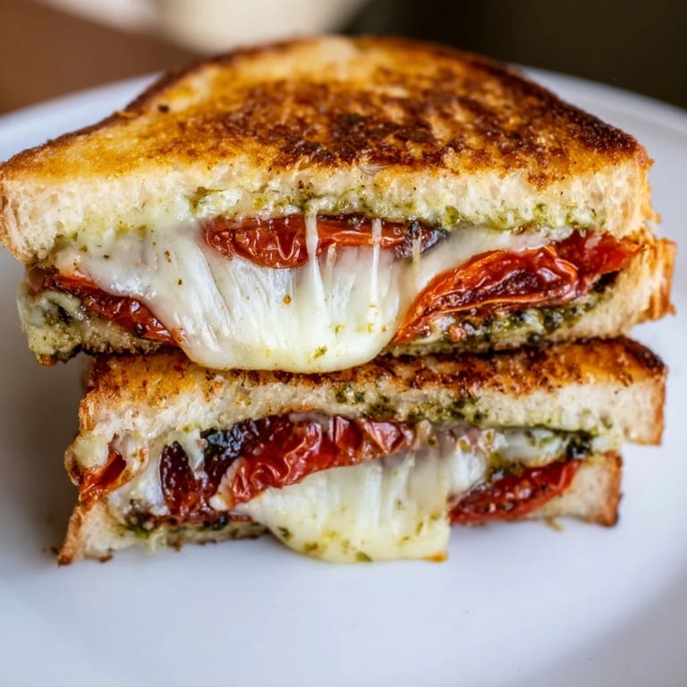 A close-up of open-faced Roasted Tomato Pesto Grilled Cheese highlighting slow-roasted tomatoes and melted mozzarella on sourdough.