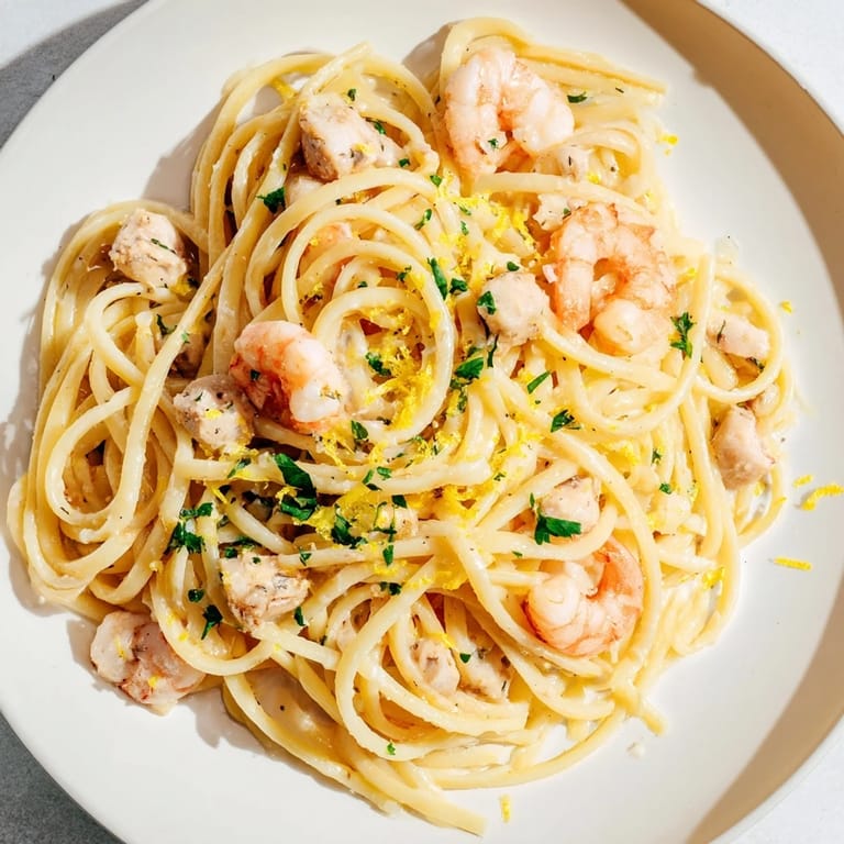 Steam rises from a skillet of Lemon Garlic Shrimp & Chicken Pasta, highlighting the zesty lemon-garlic butter sauce clinging to succulent shrimp and bite-sized chicken over linguine.