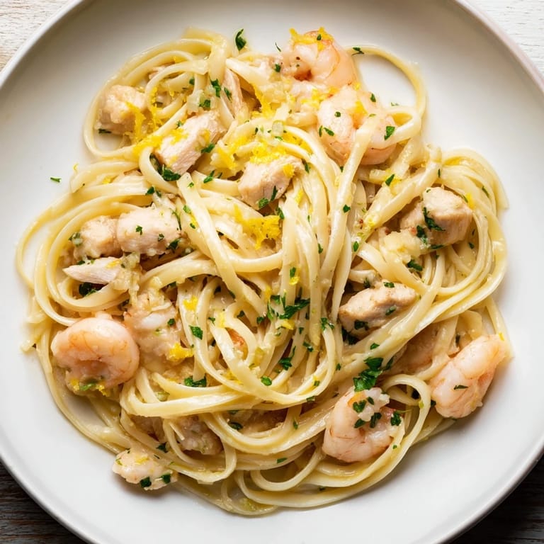 A serving of Lemon Garlic Shrimp & Chicken Pasta plated with lemon wedges and parsley, showcasing tender shrimp and chicken pieces tossed through strands of al dente pasta.
