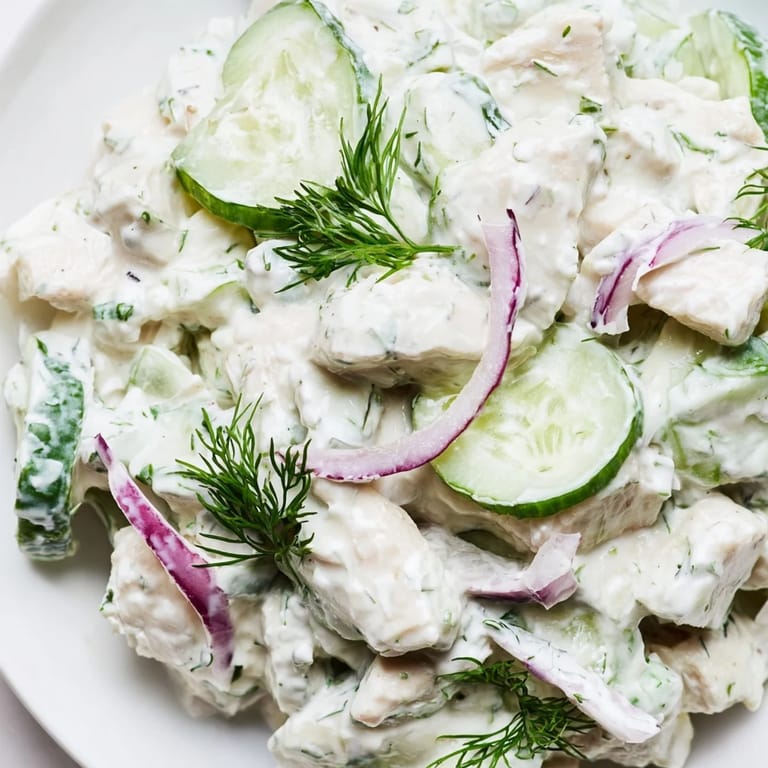 This light Creamy Cucumber Chicken Salad is garnished with fresh dill and green onions, perfectly plated for a refreshing summer lunch.