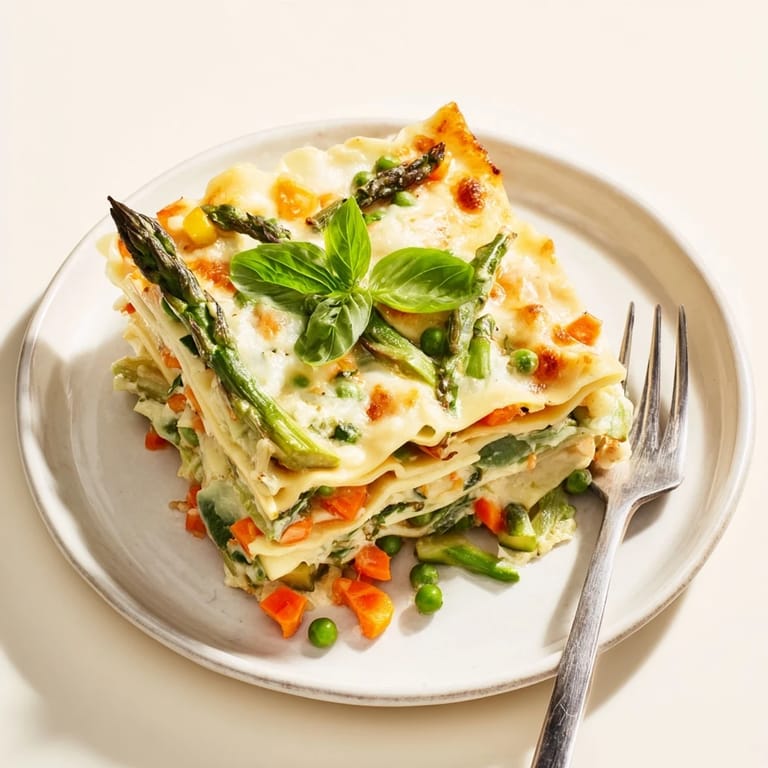 Tender zucchini, carrots, and peas nestled in creamy Alfredo sauce make this Spring Veggie Alfredo Lasagna a bright main dish.