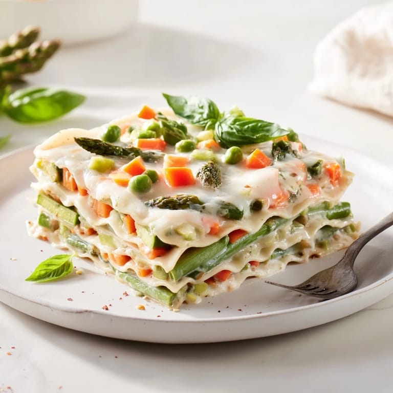 Fresh basil and melted mozzarella top this golden-brown Spring Veggie Alfredo Lasagna, served on a rustic wooden board.