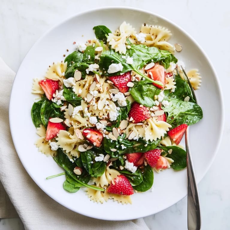 A close-up of chilled spring spinach strawberry pasta salad shows feta crumbles and toasted almonds over pasta, glistening with homemade poppy seed dressing.