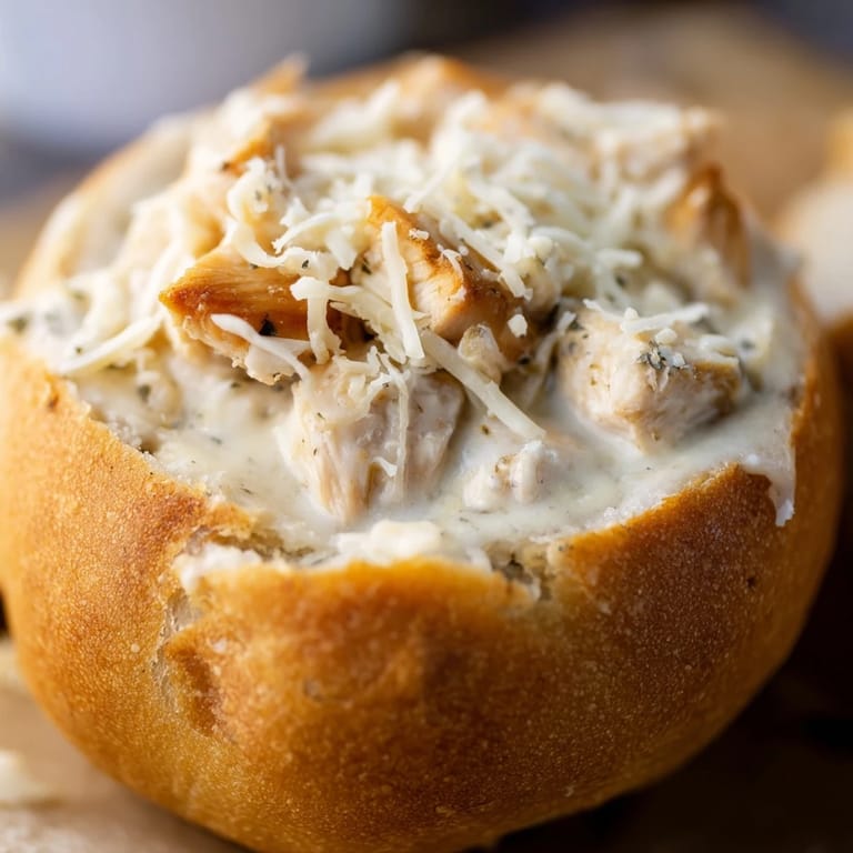 Steaming chicken Alfredo served in a hollowed-out crusty bread bowl, perfect for a cozy, hearty Italian-American family meal.