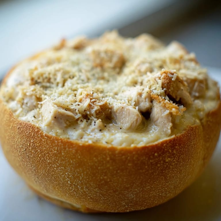 Crusty bread bowl brimming with tender chicken and rich Alfredo sauce, garnished with parsley for a comforting dinner.