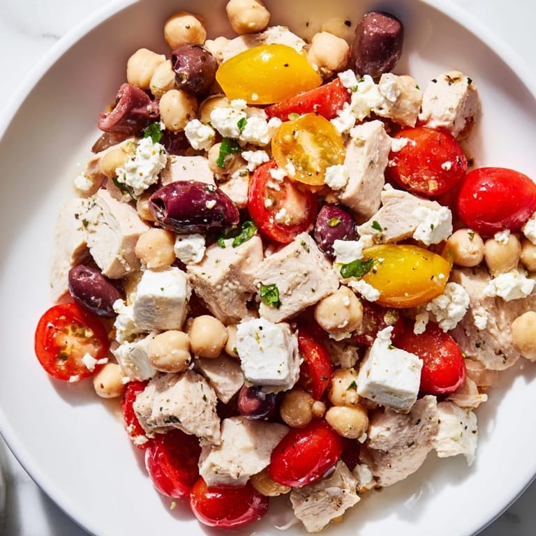 This protein-packed Mediterranean Chickpea Chicken Salad combines juicy chicken, briny Kalamata olives, and fresh parsley on a light, refreshing lunch plate.