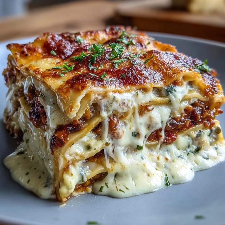 Close-up of One-Pan Smoky Veggie Lentil Lasagne, topped with melted mozzarella and fresh basil.