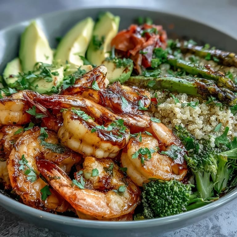 Healthy Detox Buddha Bowl with succulent shrimp and quinoa, a colorful lunch delight.