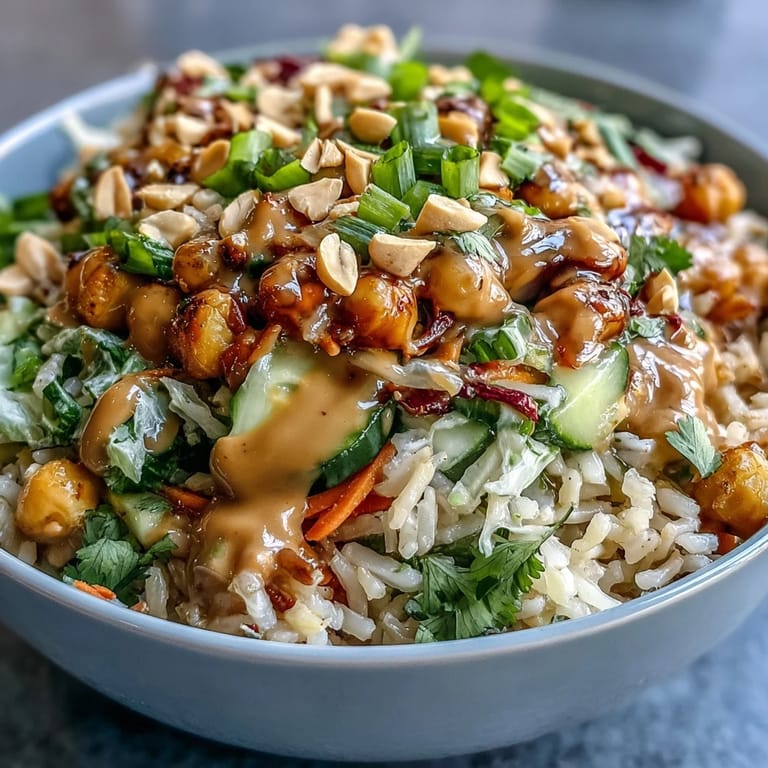 Hearty Peanut Chickpea Rice Bowl, topped with creamy peanut dressing and vibrant veggies.