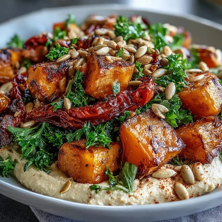 Creamy butter bean hummus topped with colorful roasted vegetables in winter salad.