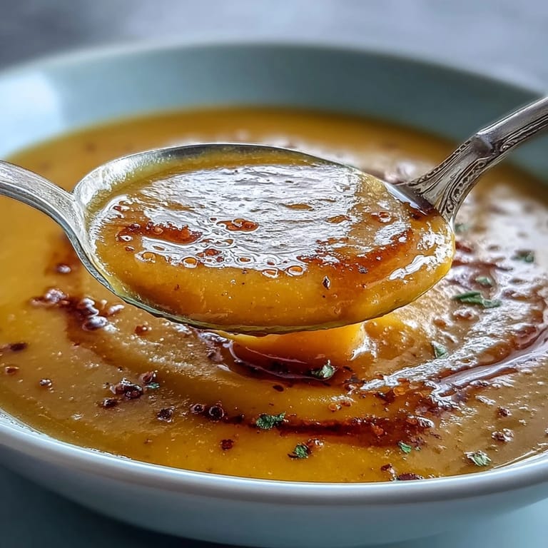 Velvety roasted butternut squash and lentil soup, garnished with fresh herbs, incredibly comforting and healthy.