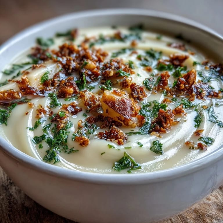 Earthy celeriac soup, a comforting bowl topped with nutty hazelnut crumble.