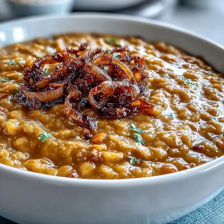 A hearty bowl of red lentil dhal paired with crispy, golden cumin-roasted cauliflower for a vegan meal.  