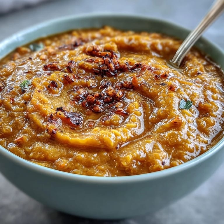 Red lentil dhal with golden cumin-roasted cauliflower, served warm with a garnish of fresh cilantro.